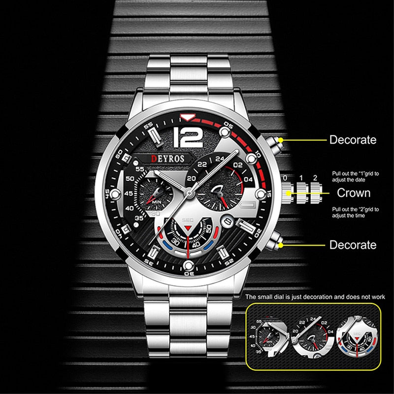 Fashion Men’s  Stainless Steel Watches Luxury Quartz Wristwatch Calendar Luminous Clock Men Business Casual Watch