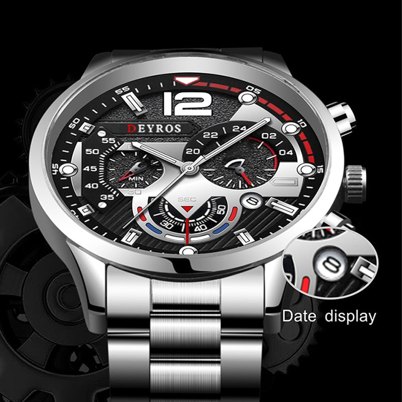 Fashion Men’s  Stainless Steel Watches Luxury Quartz Wristwatch Calendar Luminous Clock Men Business Casual Watch