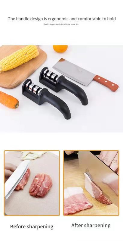 Kitchen 3-Segment Knife Sharpener Household Multi-Functional Hand-Held Three-Purpose Black Sharpening Stone